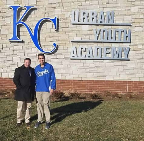 2014 Alumni Dylan Wilson is now the Coordinator of Athletic Training and Nutrition for the Kansas City Royals MLB Urban Youth Academy as well as Head Athletic Trainer for the Royal’s scout team, Team KC. Pictured are Dr. Brian Hughes with Dylan at the KC Urban Youth Academy Complex. 