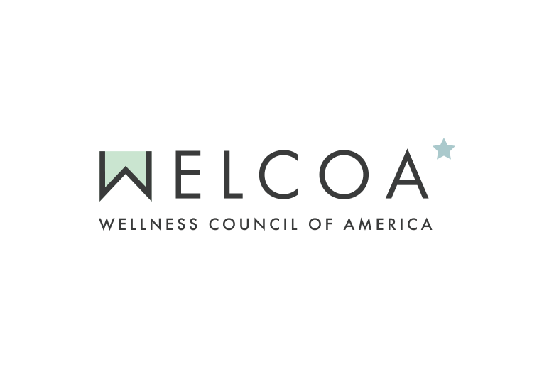 Welcoa Logo. Letters spelled out with an aqua green filling in the W. 