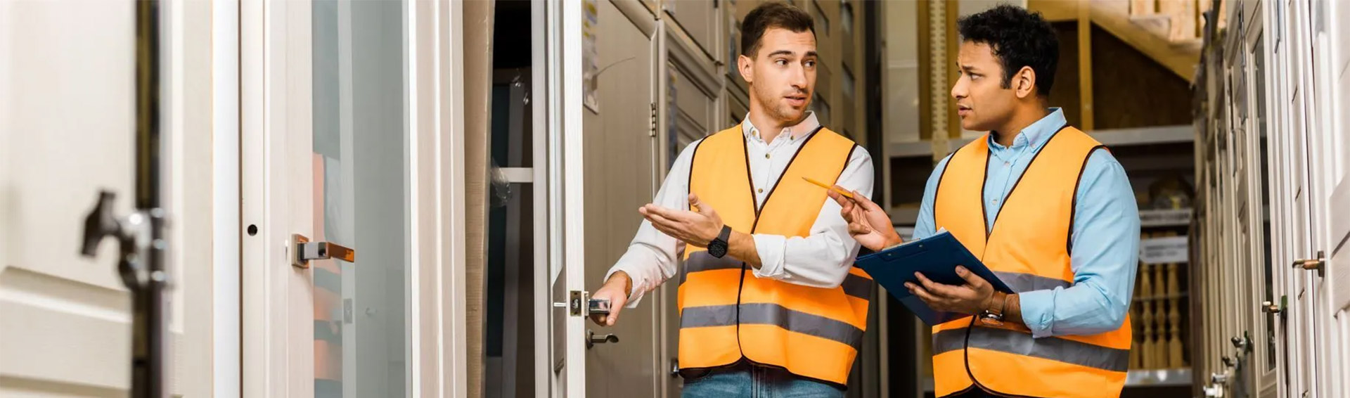 Two people in orange vests working in an industrial building