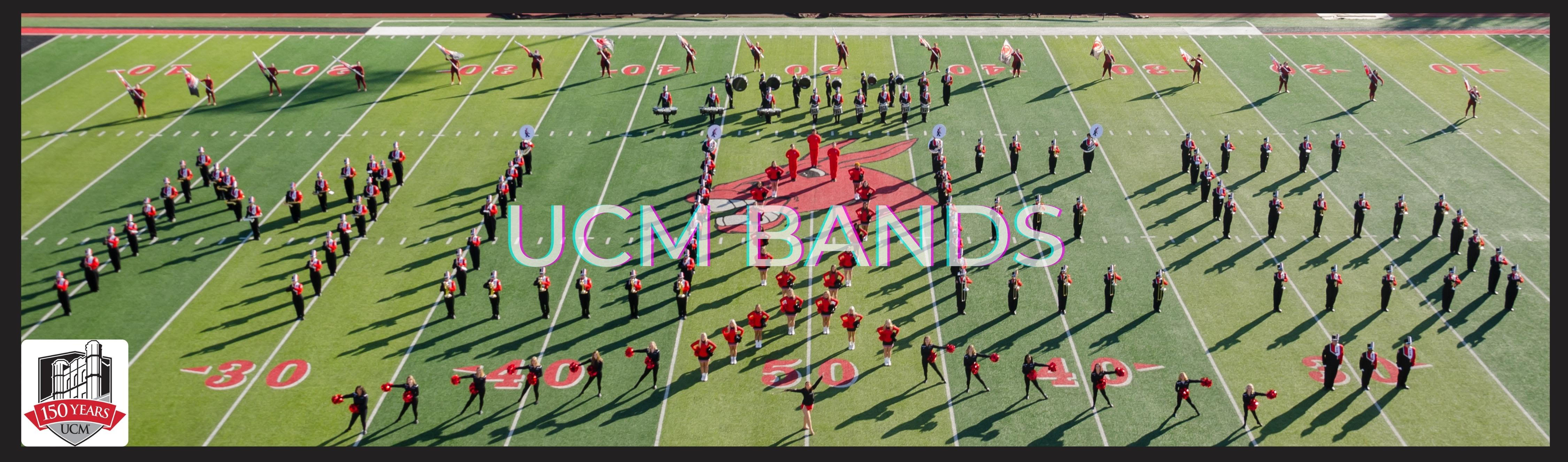 UCM Marching Band spelling "Mules" with UCM 150 year logo.