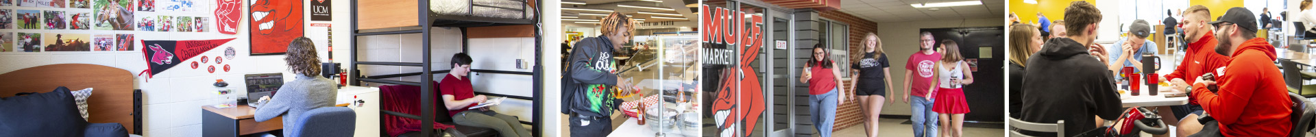 A collage of students using UCM housing and dining services