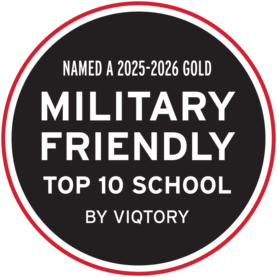 The Military Friendly logo with the text - Named a 2025 Gold  Military Friendly Top 10 School by Viqtory