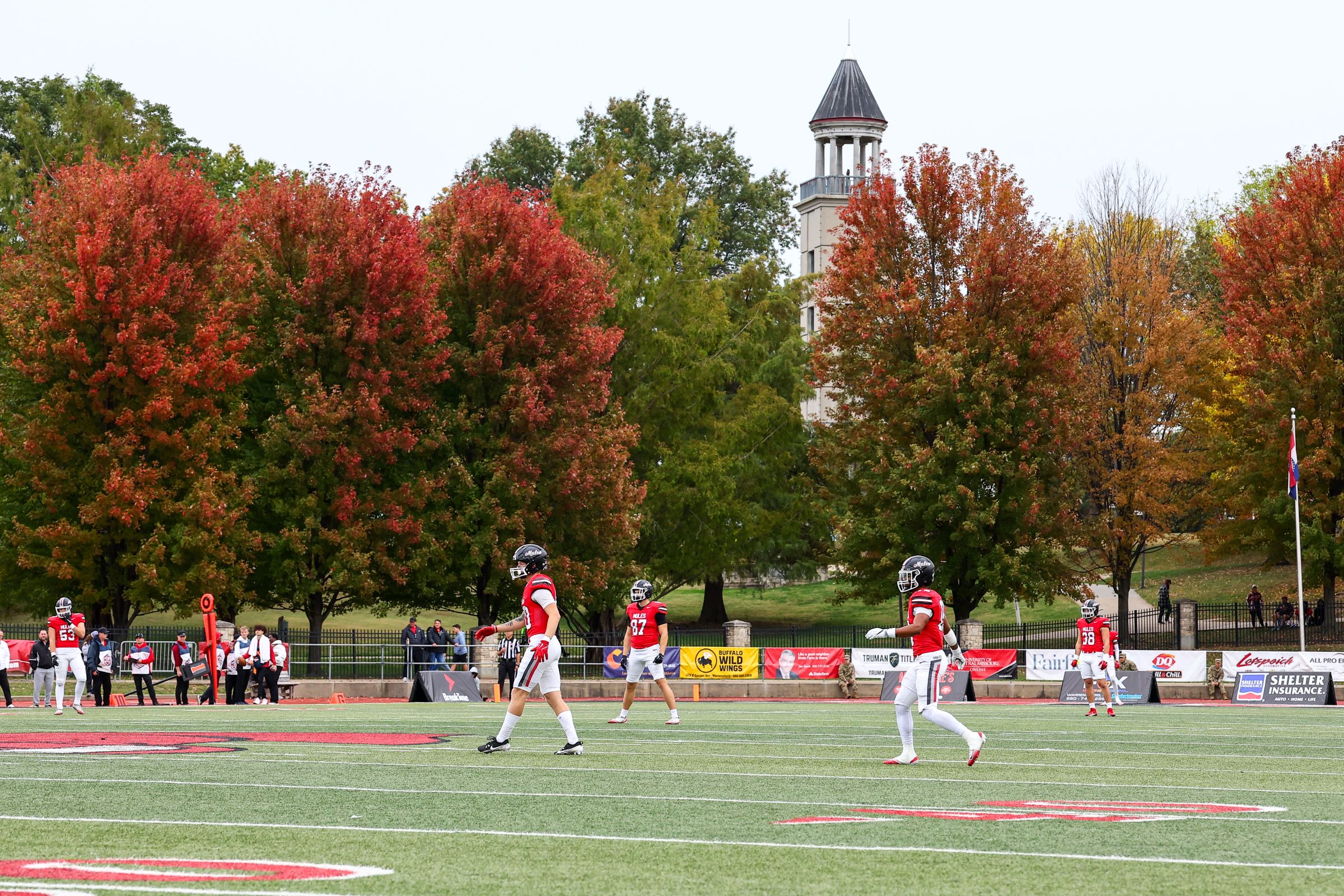 Fall colors surround Audrey J. Walton Stadium during the Mules Football Homecoming game