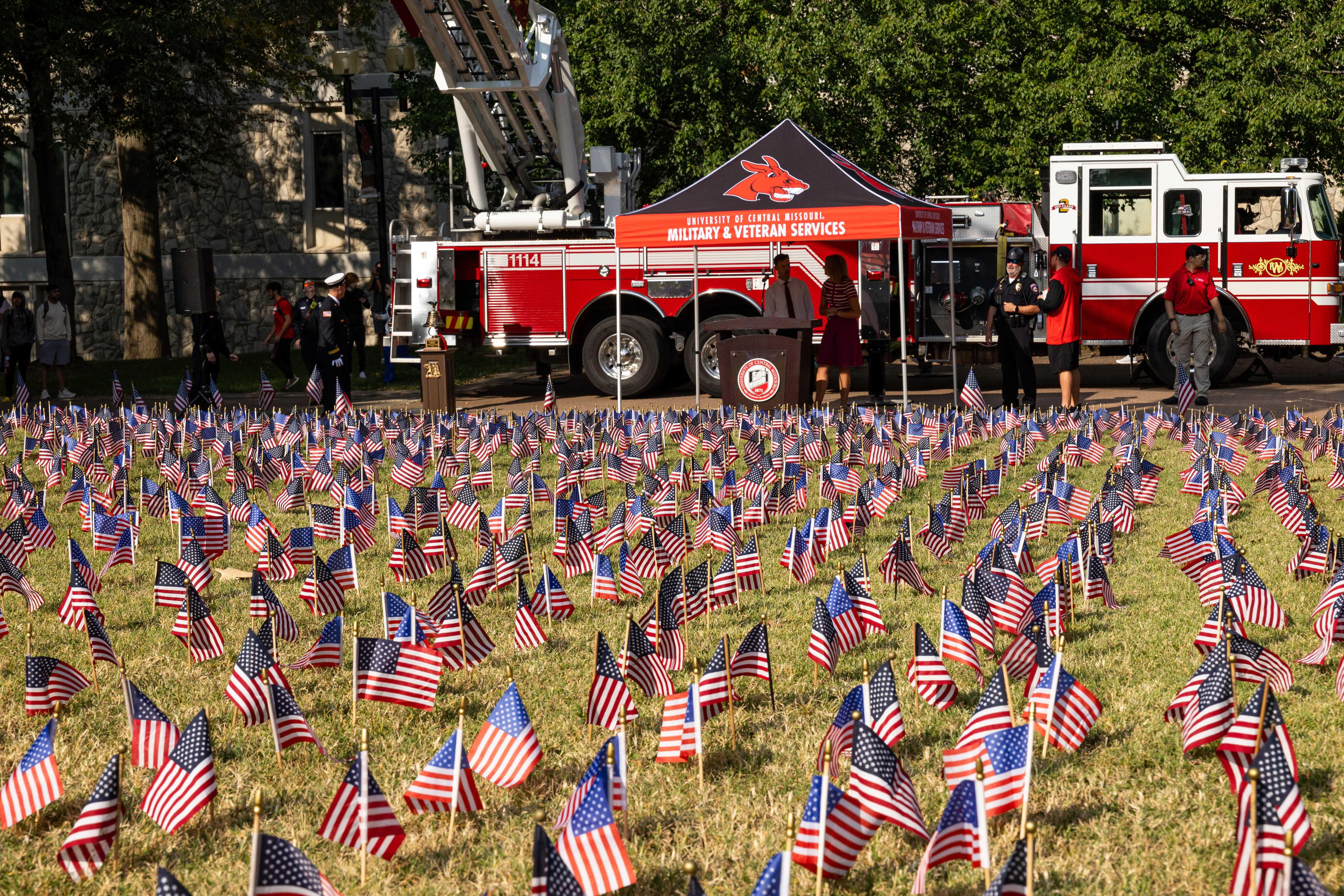 Small American flags fill the UCM quad for the 2024 Patriot Day ceremony