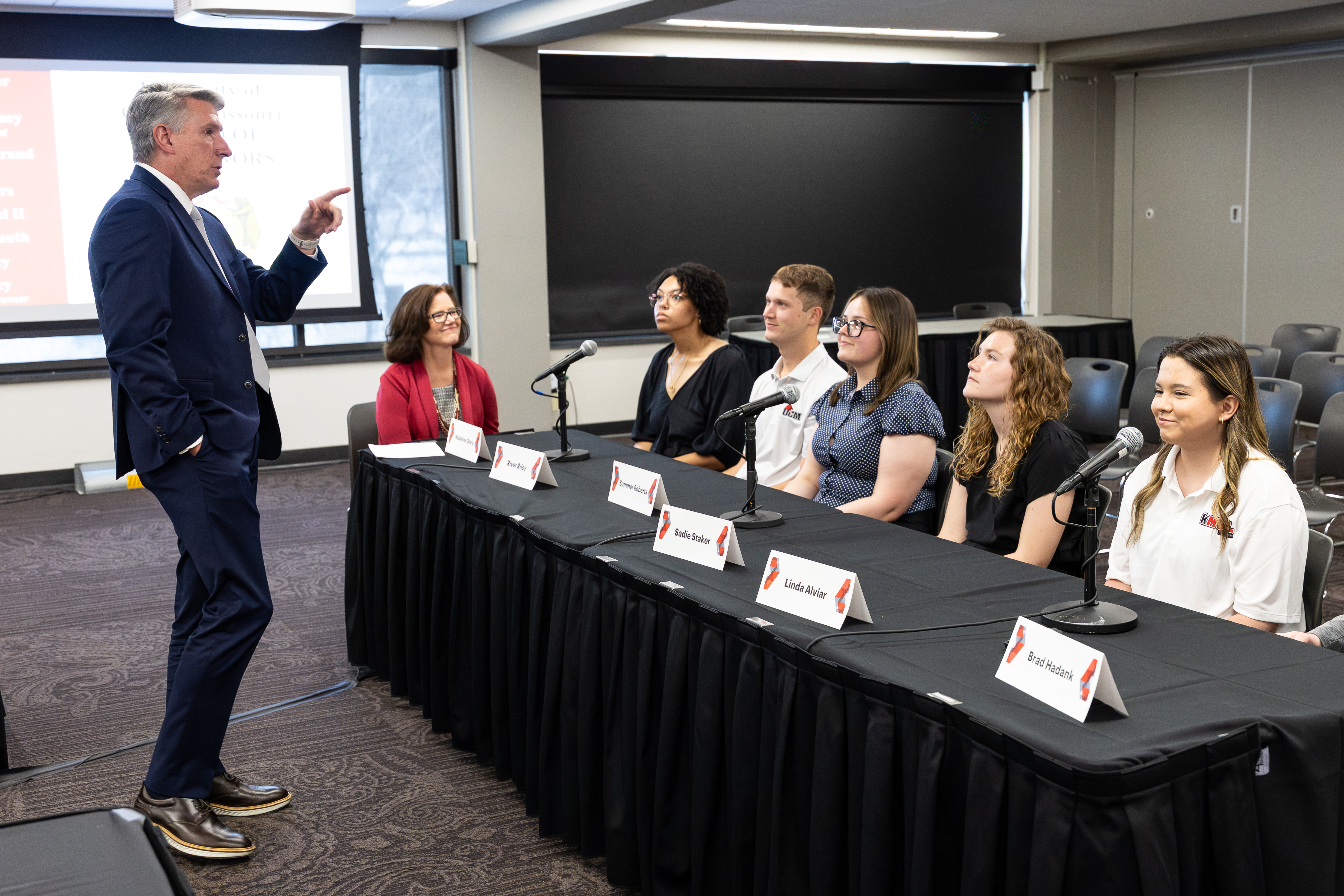 UCM President Roger Best, left, speaks with student panelists prior to their presentation to the Board of Governors’ Student Engagement and University Advancement Committee on March 26 in Warrensburg.