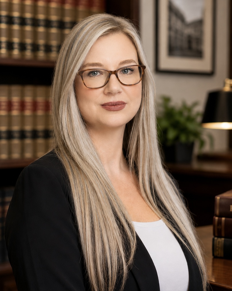 Katie Roach Katie Roach is seen in a professional portrait from the shoulders up. Katie has long blonde hair and is wearing brown glasses, a white shirt and a black blazer. She is standing in front of a bookshelf.
