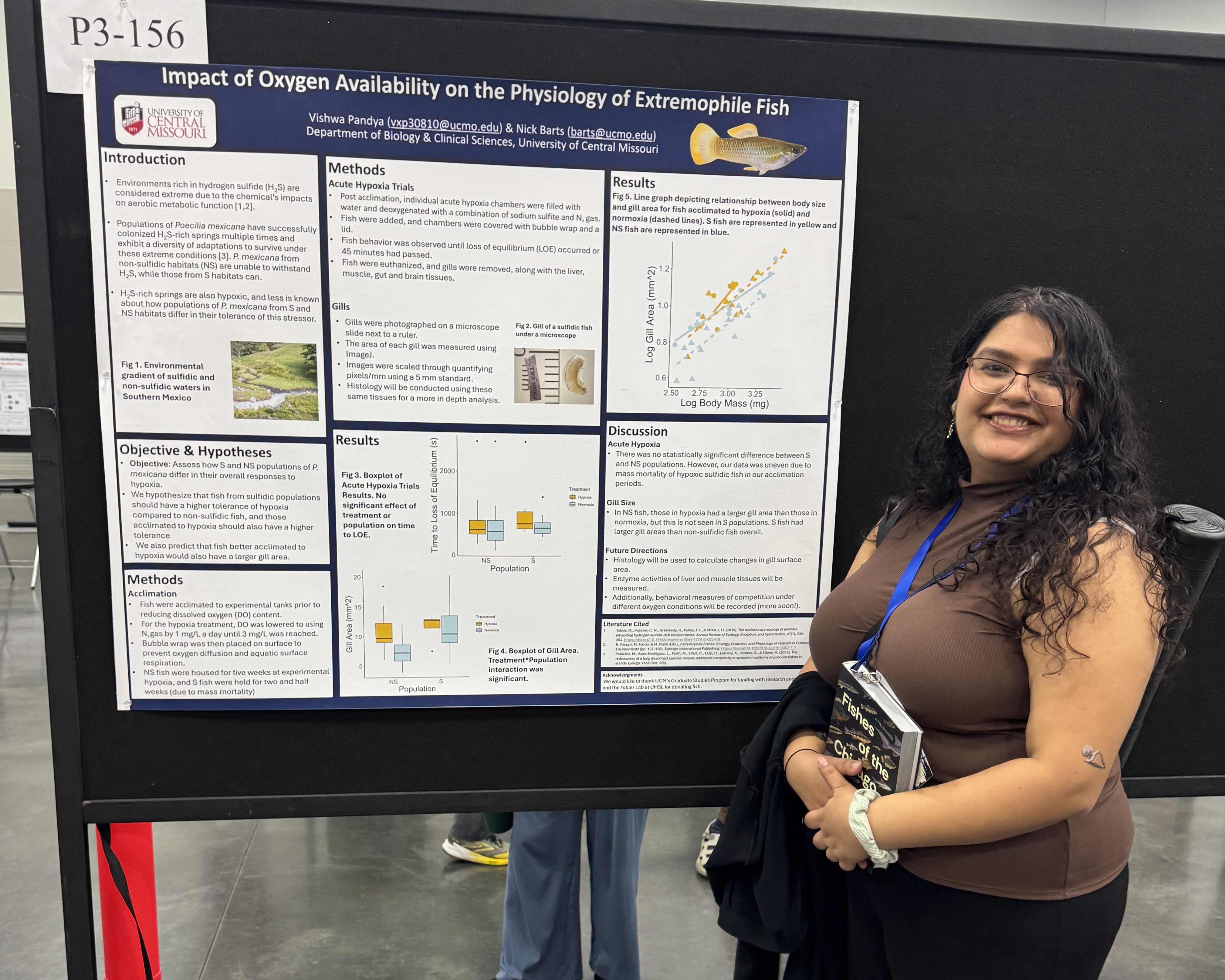 A student stands in front of their research poster