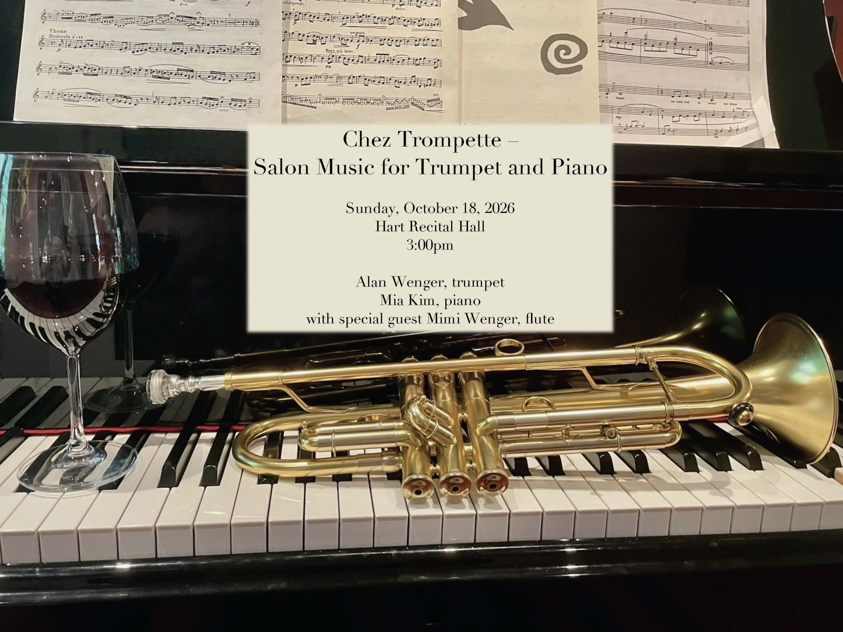 Event flyer with time, date and location of recital. The background is a trumpet and a wine glass both laying on the keys of a black piano.