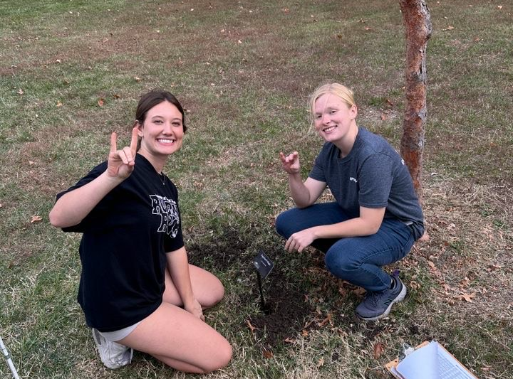 Two students planting a tree.