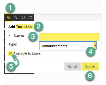 Add a tool link to a Blackboard course menu area. 