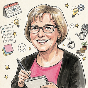 A refined watercolor portrait of a smiling woman with layered short blonde hair, glasses, a bright pink top, and a black cardigan. She is writing in a small spiral notebook with a black pen. The background features neat, colorful doodles representing tips and ideas: a calendar, a checked checklist, sticky notes, a steaming cup of coffee, lightbulbs, coins, a small plant, and stars.