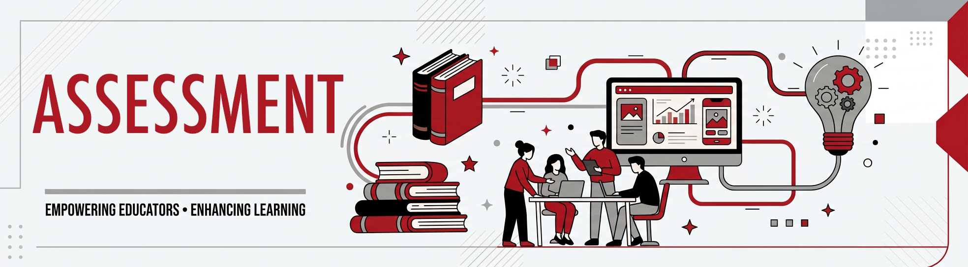 A wide web banner for the “Assessment.” The left side features the large title in red, "UCM TEACHING TOOLKIT," and the smaller tagline in black, "EMPOWERING EDUCATORS • ENHANCING LEARNING." To the right, a detailed vector illustration in red, black, and grey shows interconnected elements of knowledge and technology: a large stack of books, a group of people collaborating at a desk with a laptop, a desktop computer monitor displaying a chart, and a gear-filled lightbulb, all linked by flowing red data lines.