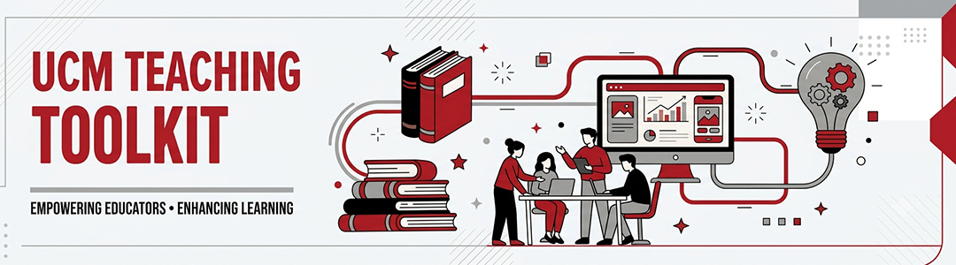A wide web banner for the "UCM Teaching Toolkit." The left side features the large title in red, "UCM TEACHING TOOLKIT," and the smaller tagline in black, "EMPOWERING EDUCATORS • ENHANCING LEARNING." To the right, a detailed vector illustration in red, black, and grey shows interconnected elements of knowledge and technology: a large stack of books, a group of people collaborating at a desk with a laptop, a desktop computer monitor displaying a chart, and a gear-filled lightbulb, all linked by flowing red data lines. A small UCM logo is on the right edge.