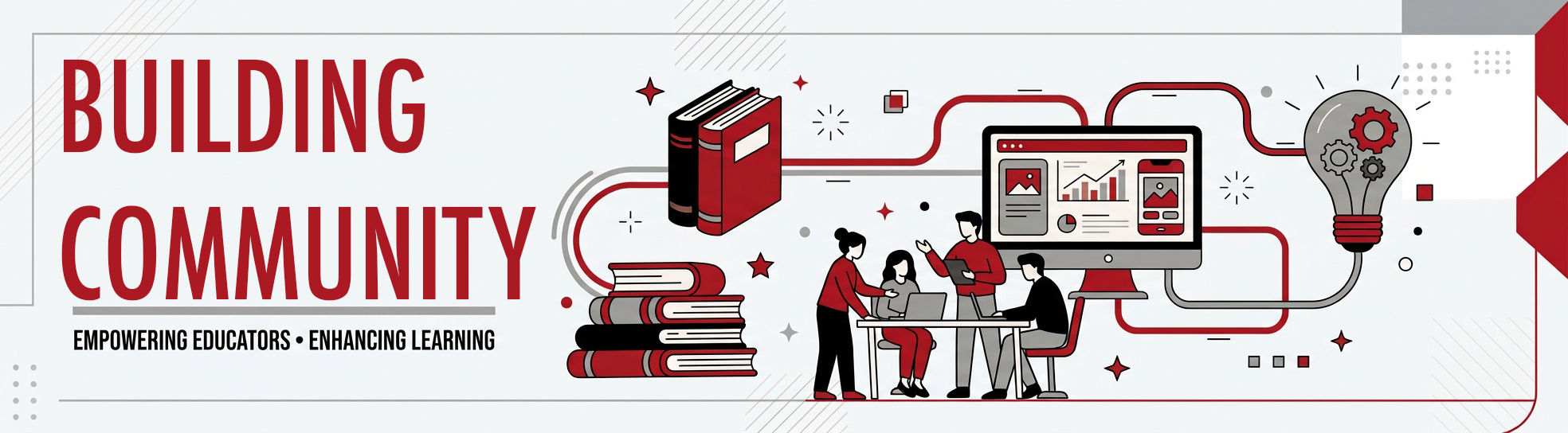 A wide web banner for the "Building Community" The left side features the large title in red, "UCM TEACHING TOOLKIT," and the smaller tagline in black, "EMPOWERING EDUCATORS • ENHANCING LEARNING." To the right, a detailed vector illustration in red, black, and grey shows interconnected elements of knowledge and technology: a large stack of books, a group of people collaborating at a desk with a laptop, a desktop computer monitor displaying a chart, and a gear-filled lightbulb, all linked by flowing red data lines.
