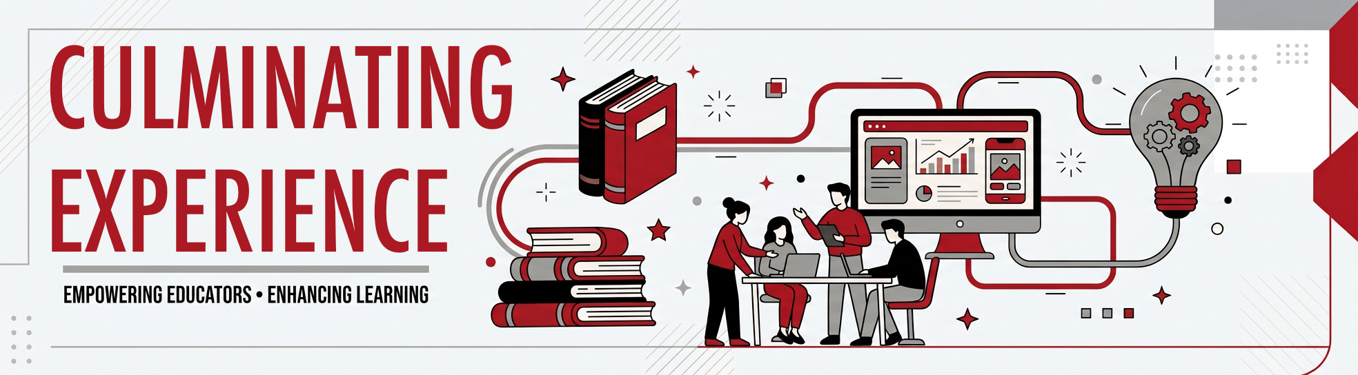 A wide web banner for the “Culminating Experience.” The left side features the large title in red, "UCM TEACHING TOOLKIT," and the smaller tagline in black, "EMPOWERING EDUCATORS • ENHANCING LEARNING." To the right, a detailed vector illustration in red, black, and grey shows interconnected elements of knowledge and technology: a large stack of books, a group of people collaborating at a desk with a laptop, a desktop computer monitor displaying a chart, and a gear-filled lightbulb, all linked by flowing red data lines.