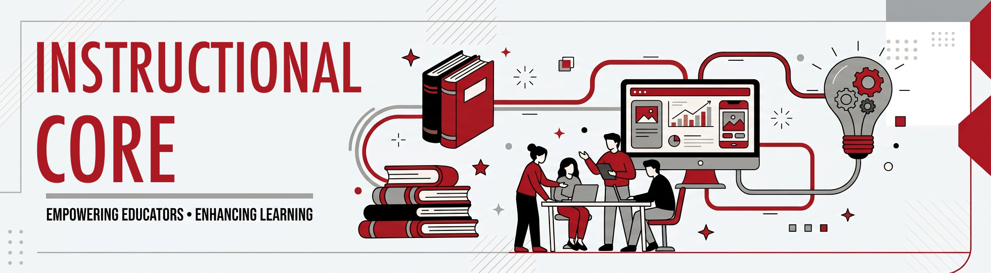 A wide web banner for the “Instructional Core.” The left side features the large title in red, "UCM TEACHING TOOLKIT," and the smaller tagline in black, "EMPOWERING EDUCATORS • ENHANCING LEARNING." To the right, a detailed vector illustration in red, black, and grey shows interconnected elements of knowledge and technology: a large stack of books, a group of people collaborating at a desk with a laptop, a desktop computer monitor displaying a chart, and a gear-filled lightbulb, all linked by flowing red data lines.