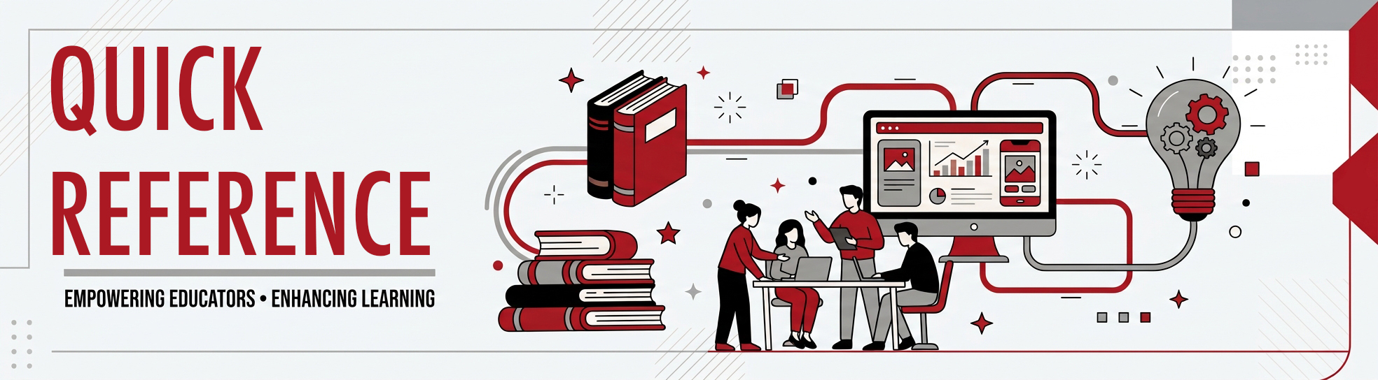 A wide web banner for the “Quick Reference.” The left side features the large title in red, "UCM TEACHING TOOLKIT," and the smaller tagline in black, "EMPOWERING EDUCATORS • ENHANCING LEARNING." To the right, a detailed vector illustration in red, black, and grey shows interconnected elements of knowledge and technology: a large stack of books, a group of people collaborating at a desk with a laptop, a desktop computer monitor displaying a chart, and a gear-filled lightbulb, all linked by flowing red data lines.
