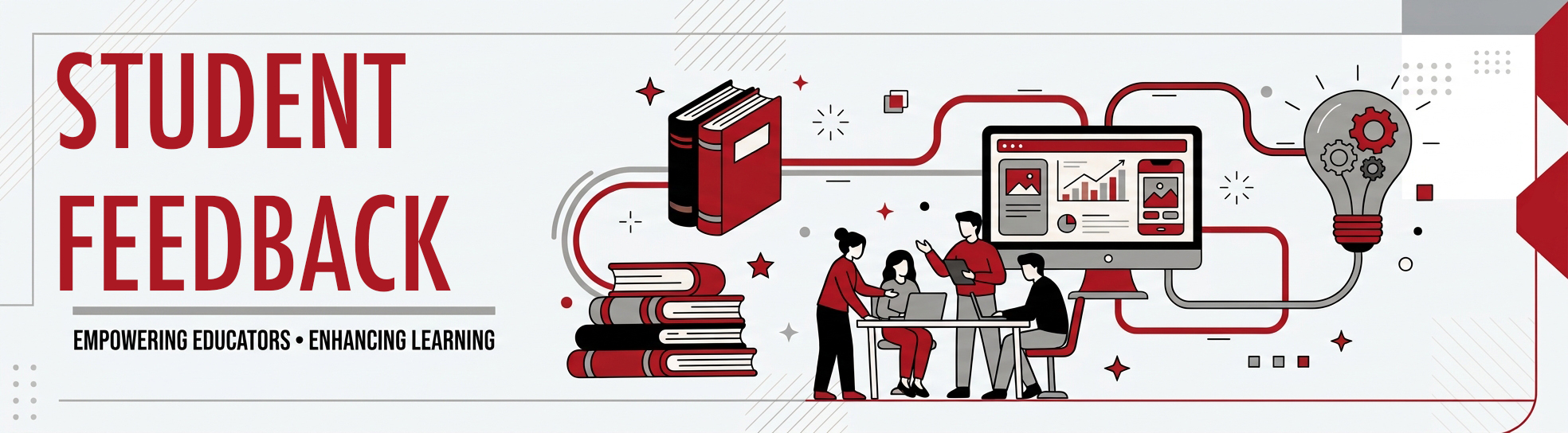 A wide web banner for the “Student Feedback.” The left side features the large title in red, "UCM TEACHING TOOLKIT," and the smaller tagline in black, "EMPOWERING EDUCATORS • ENHANCING LEARNING." To the right, a detailed vector illustration in red, black, and grey shows interconnected elements of knowledge and technology: a large stack of books, a group of people collaborating at a desk with a laptop, a desktop computer monitor displaying a chart, and a gear-filled lightbulb, all linked by flowing red data lines.