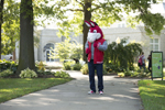 Mo the Mule walking on campus