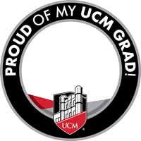 A round graphic showing "Proud of my UCM grad"