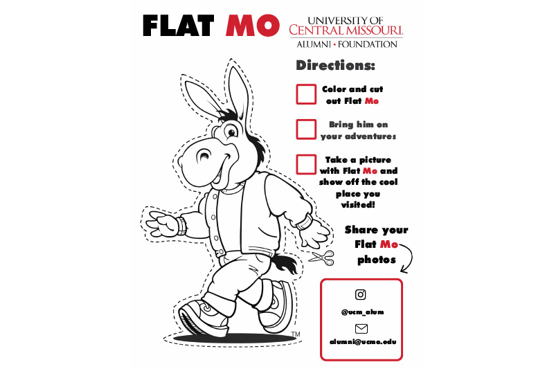 A coloring sheet with a cartoon Mo the Mule - the text Flat Mo and directions for coloring, cutting out and sharing the drawing in social media