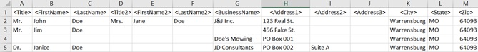 Example of an excel table for a typical mailing project with stock fill text input in the fields