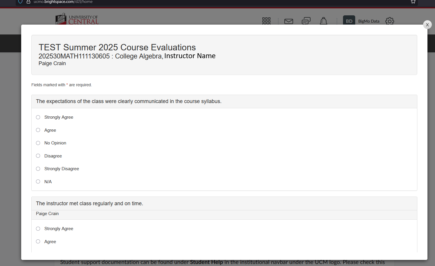 Course evaluation pop-up window
