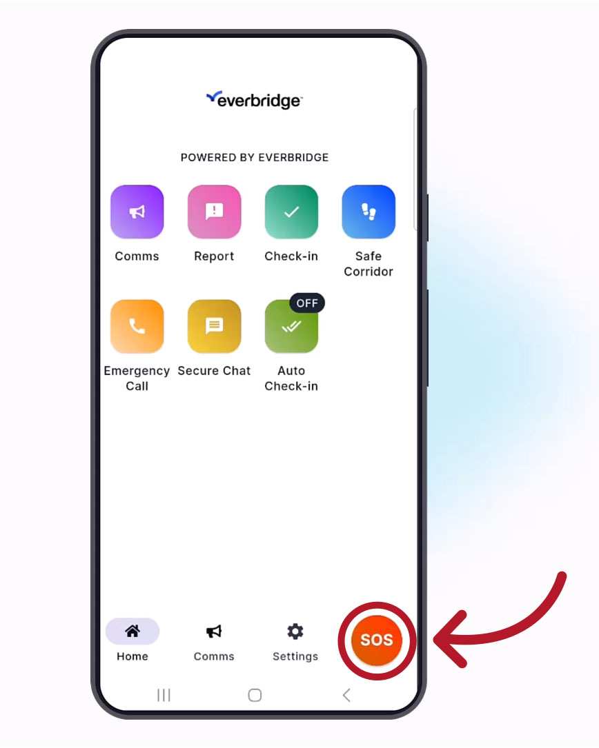 An illustration shows a smartphone that is utilizing the Everbridge 360 app and has an arrow pointing to the red SOS button.